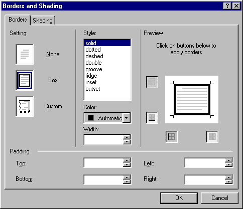 Karta Borders příkazu Borders and Shading