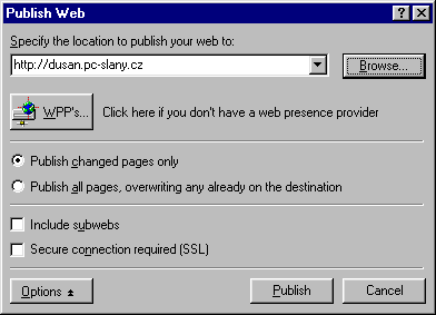 Dialog publikovn webu; astji se nahoe zadv ftp://...