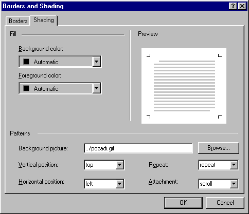 Karta Shading z dialogu rámování a pozadí odstavce