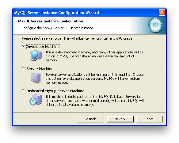 MySQL Server Instance Configuration
Wizard: Server Type