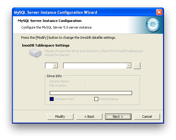 MySQL Server Instance Configuration
Wizard: InnoDB Data Tablespace