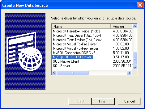 MySQL ODBC Driver
Selection Dialog