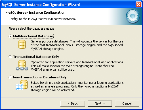 MySQL Server Instance Configuration Wizard:
Usage Dialog