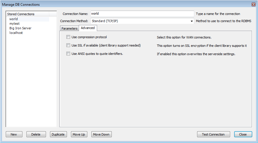 Manage DB Connections - Advanced
          Tab