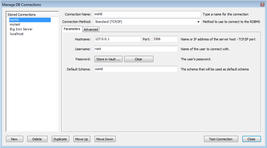 Manage DB Connections - Dialog
