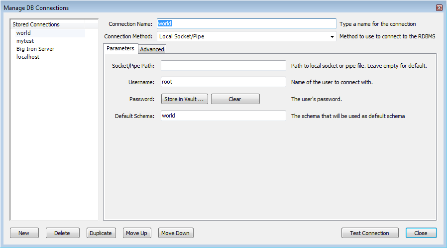 Manage DB Connections - Socket/Pipe
          Parameters