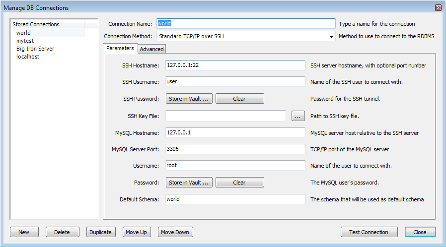Manage DB Connections - SSH
          Parameters