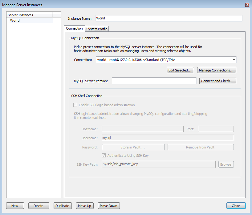 Manage Server Instances Dialog