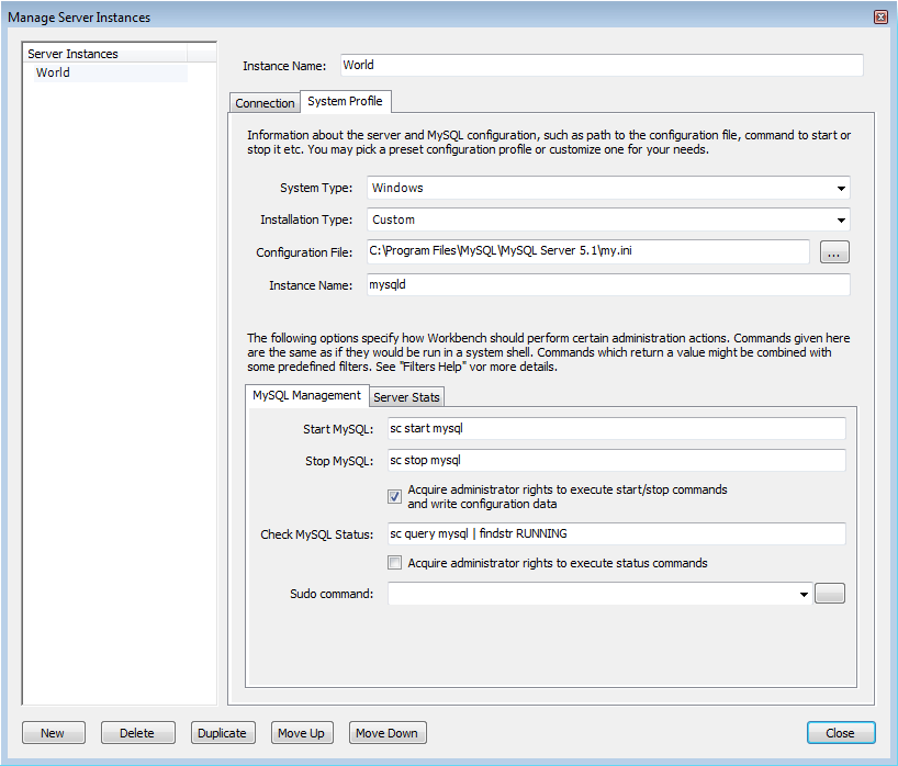 Manage Server Instances Dialog