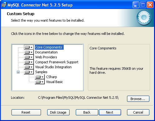 Connector/Net Windows Installer - Custom
setup