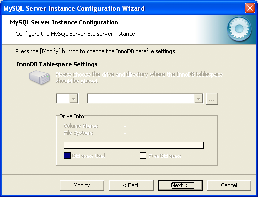 MySQL Server Instance Configuration Wizard:
InnoDB Data Tablespace